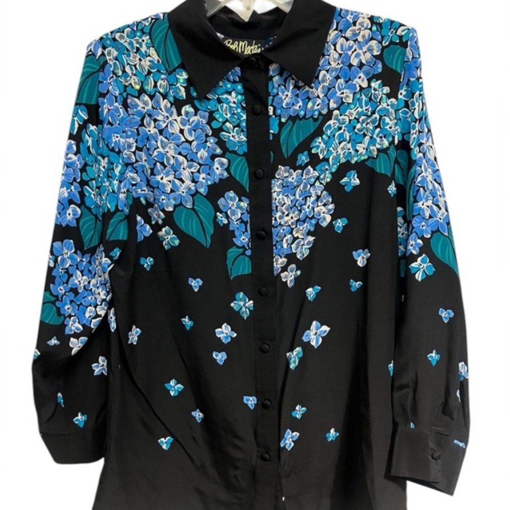 Bob Mackie Wearable Art 100% Silk Button Up - Black with Blue Hydrangeas